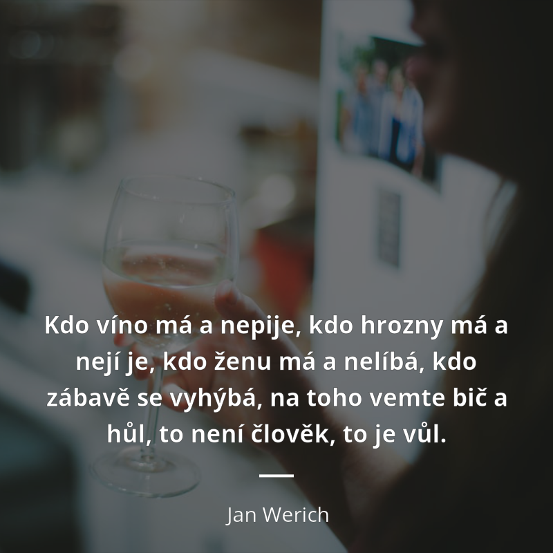Jan Werich citation: „Kdo víno má a nepije, kdo hrozny má a nejí je, kdo ženu má a nelíbá, kdo zábavě se vyhýbá, na toho vemte bič a hůl, to není člověk, to je vůl.“